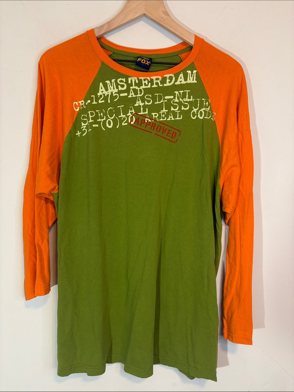 Green and Orange Fox Vintage Y2K 90s 2000s Classified Amsterdam Text Graphic Tee